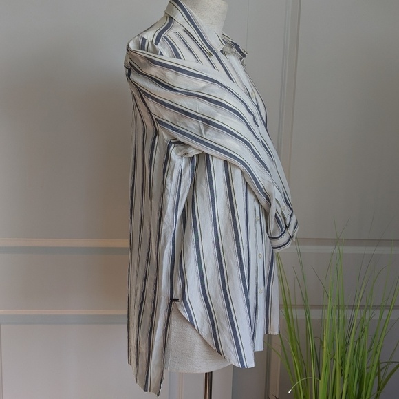 Lucky Brand Button Front Long Sleeve Vertical Striped Cream Blue Olive L NWT - Picture 3 of 8